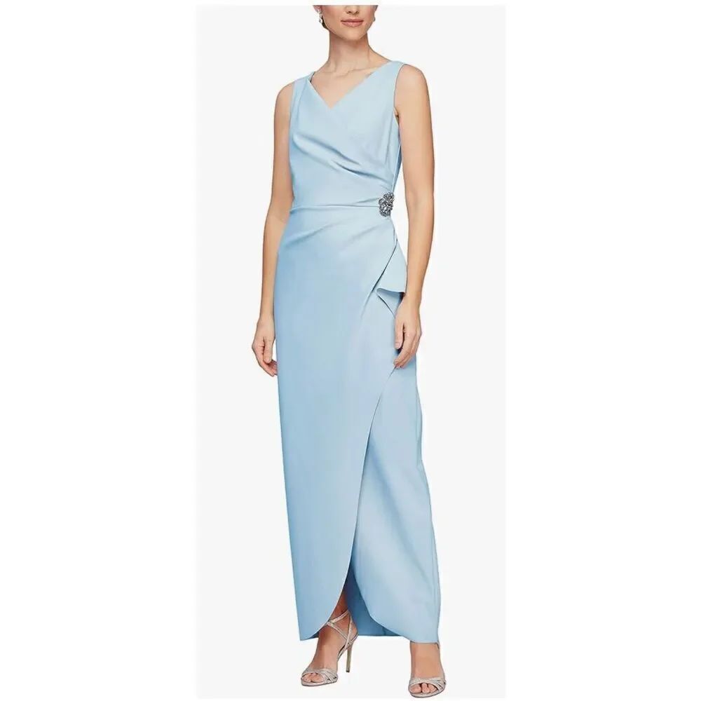 Alex Evenings Women's Slimming Long Side Ruched Dress with Cascade Ruffle Skirt